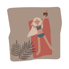 Tanned blonde girl sunbathing on the sand under a palm tree and drinking coconut milk. Square scene. Vector illustration for advertising, poster, postcard or brochure about a tourist complex or resort