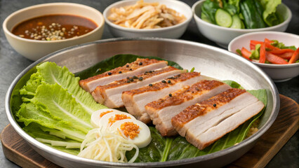 Samgyeopsal is juicy pieces of pork grilled on a barbecue. Garnishes include vegetables, lettuce, garlic, and spices typical of Korean cuisine.