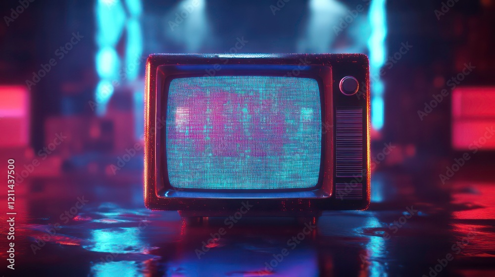 Poster retro tv with static screen on reflective surface, neon lights background.