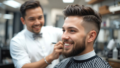 Fototapeta premium Smiling Barber Giving a Haircut to a Happy Male Customer