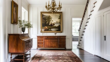 Elegant entryway with vintage furnishings, artwork, and wooden staircase in a spacious home