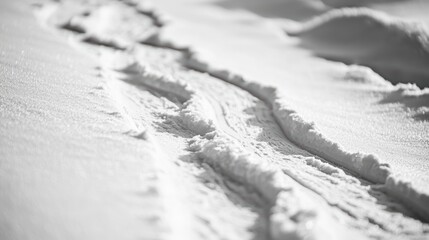 Snowy mountain ski trails with sunlit icy patches