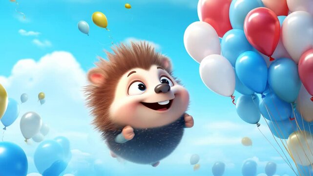animation of cute hedgehog with balls, cartoon design. Funny portrait of happy smiling hedgehog on blue heaven background with air balloons. Children Birthday video card with copy space.