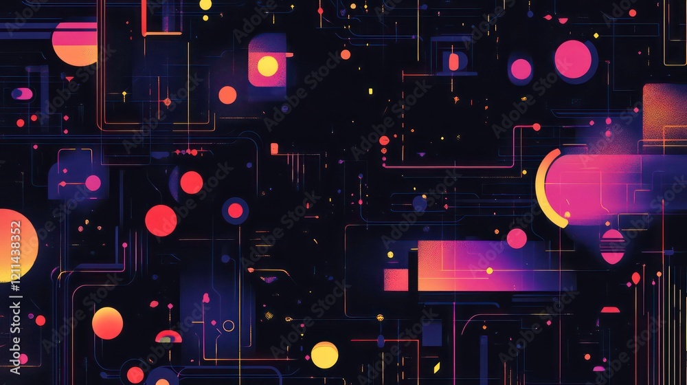 Aufkleber abstract digital art with vibrant geometric shapes and glowing lines on a dark background.