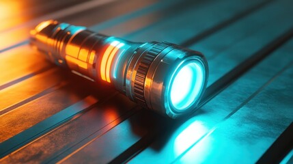 Futuristic Flashlight: Neon Glow on Metallic Surface