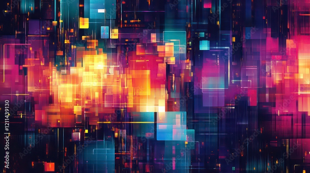 Fototapete abstract digital art with vibrant, multicolored squares and rectangles forming a complex pattern.