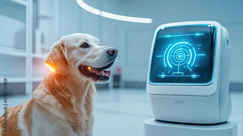 Poster pet health concept. a golden retriever interacts with a futuristic robotic device in a modern settin
