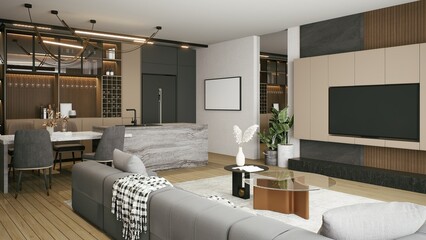 A modern living room featuring a sleek design, comfortable seating, a stylish coffee table, and a cozy dining area, all with warm wood tones and minimalist decor. 3d rendering.