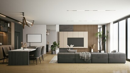 A modern, open-concept living space featuring a sleek sofa, dining area, and large windows, with a blend of natural wood and contemporary design elements. 3d rendering.