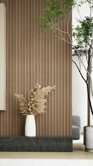 A modern interior featuring a textured wooden wall, minimalist decor, a white vase with dried flowers, and a hint of greenery. 3d rendering.