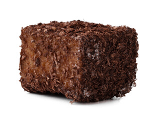 Dessicated coconut coated chocolate treat displayed on a white background ready for tasting and enjoyment