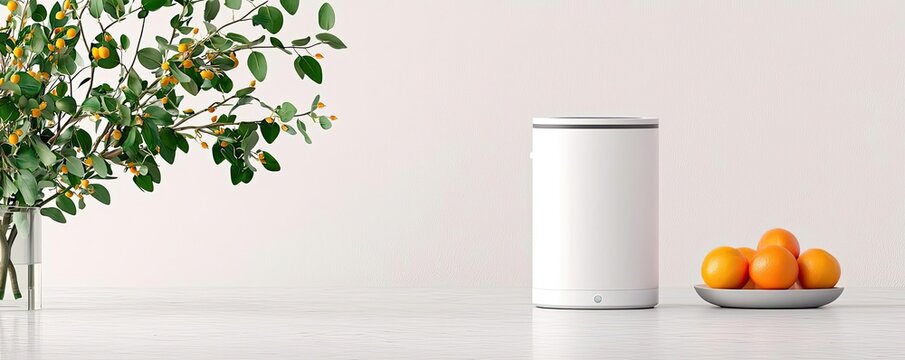 Pet ai idea. A modern kitchen scene featuring a white appliance and fresh oranges on a table.