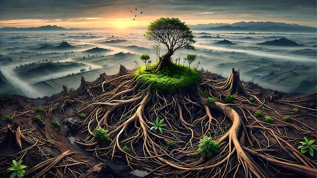 illustration of an old tree that is almost dead growing back