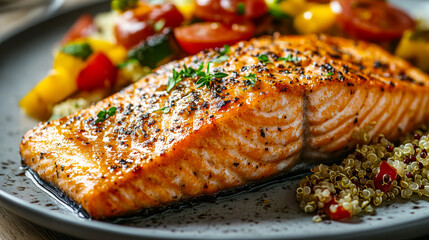 Baked Salmon with Vegetables and Quinoa Salad, Healthy Gourmet Dish