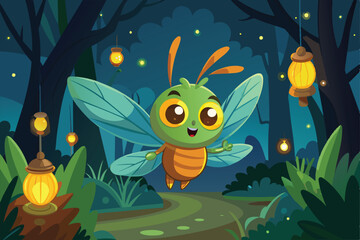 Obraz premium A joyful cartoon firefly hovers along a forest trail surrounded by glowing lanterns at twilight Fireflies Customizable Cartoon Illustration