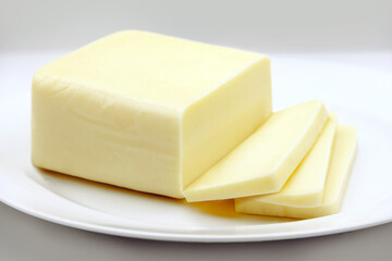 MOZZARELLA CHEESE BAR WITH SLICES ON DISH ISOLATED ON WHITE BACKGROUND