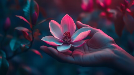 Pink magnolia flower in hand on nature background. Closeup.