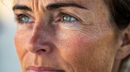 Woman's thoughtful face, close-up, outdoors, sunlit, skincare