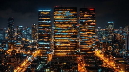 Obraz premium Night cityscape with illuminated skyscrapers and city lights
