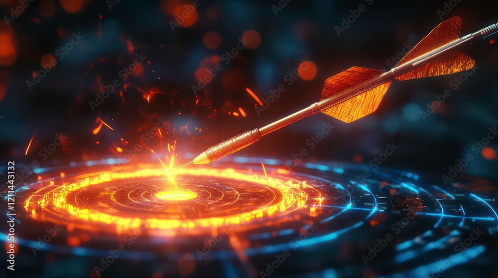 Poster fiery arrow striking a glowing circular target, representing achievement and success.