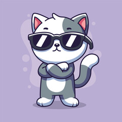 Cute cat wearing sunglasses cartoon character vector illustration. 