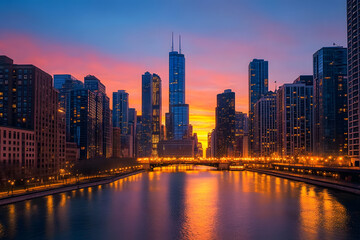 Fototapeta premium Golden lights illuminating tall buildings in a city skyline, creating a bright and captivating night view