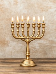 Fototapeta premium Golden Menorah with Six Candles Lit on Wooden Table Background