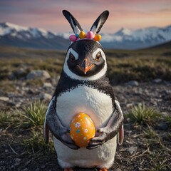 A penguin wearing bunny ears and holding an Easter egg.