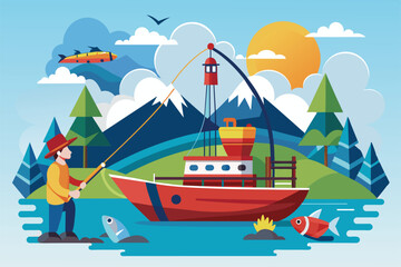 A fisherman is casting his line from a vibrant boat in a tranquil lake surrounded by mountains Fishing Customizable Semi Flat Illustration