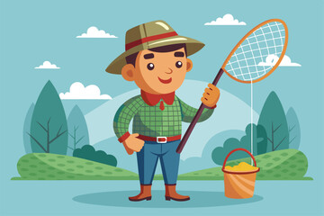 A cheerful boy stands with a fishing net and bucket in a vibrant natural setting Fishing with net Customizable Disproportionate Illustration
