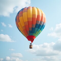 Naklejka premium Colorful Hot Air Balloon Ascending: A vibrant, multicolored hot air balloon ascends gracefully against a backdrop of fluffy white clouds and a clear blue sky, symbolizing freedom, adventure.