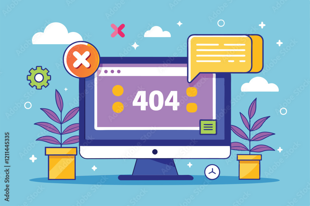 Poster Computer screen shows a 404 error with decorative plants and error icons, symbolizing a website issue or broken link fix 404 error computer screen page with error