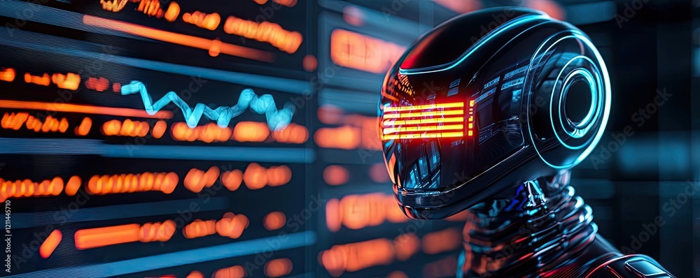 Poster Pet ai idea. Futuristic robotic figure against a backdrop of digital data and analytics.
