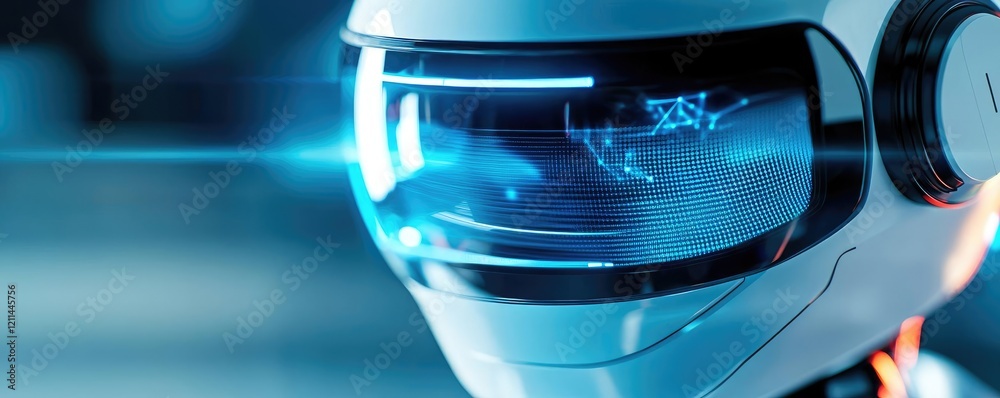 Aufkleber pet ai idea. futuristic robot with advanced technology and glowing visor, showcasing innovation.
