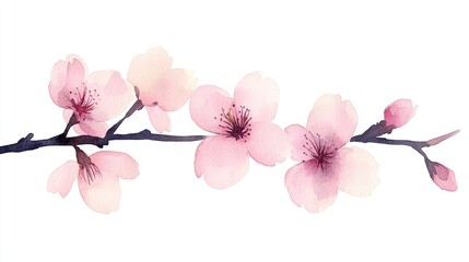 Blooming Sakura and Plum Blossoms on Sumi-e Style Tree - Watercolor and Ink Illustration in Oriental Painting