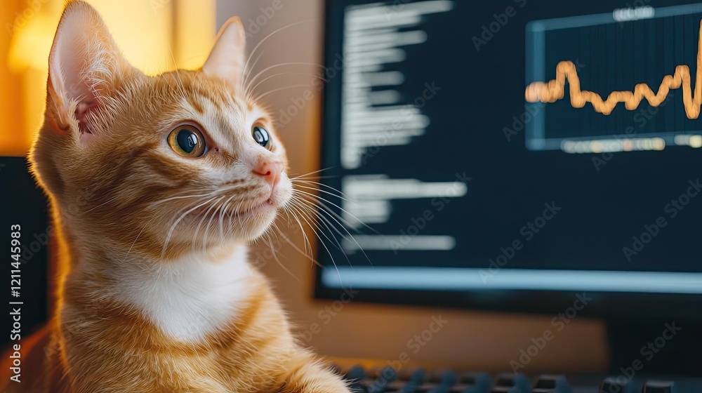 Poster pet ai idea. curious orange cat sitting near a computer, looking at the screen with interest.