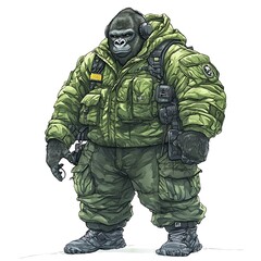 Fototapeta premium Gorilla Soldier in Camouflage Gear and Headphones.