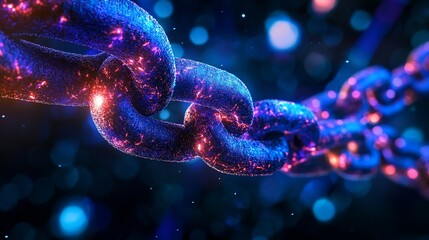 Glowing chain links connecting, dark bokeh background, digital security concept