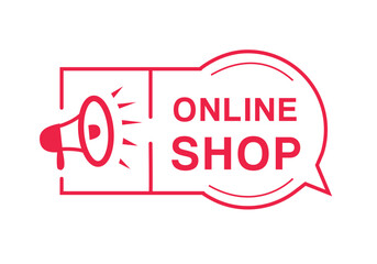 Online shop badge banner megaphone. Advertising design template vector illustration.