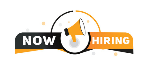 Now hiring, label poster icon megaphone. Modern banner for web and advertising. Vector illustration isolated.