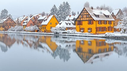 Fototapeta premium Enchanted Winter Village: A Picturesque Reflection