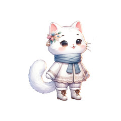 A cute, fluffy white cat character dressed in stylish winter clothing, complete with a scarf and floral accessories.