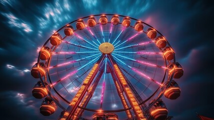 Illuminated Ferris wheel at night, amusement park, dramatic sky, entertainment