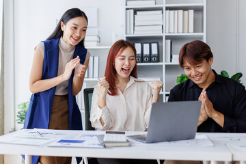 Brainstorming Collaboration and  successful partnership analysis by Team of Young business Asian people working in an office workspace