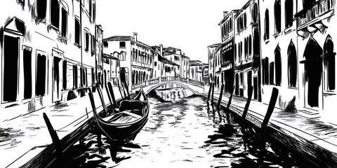 Fototapeta premium Venetian Canal Gondola Scene Black And White Sketch