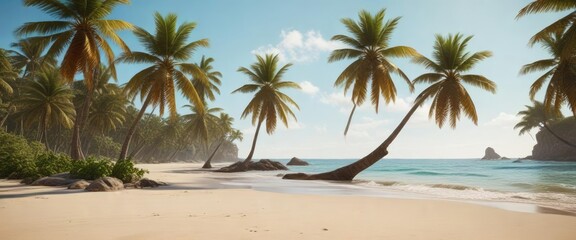 Fototapeta premium A calm and serene beach scene with a few palm trees swaying gently in the breeze, tropical, palm tree