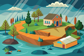 Fototapeta premium A rural area experiences flooding with a submerged house and boat surrounded by turbulent waters Flood Customizable Semi Flat Illustration