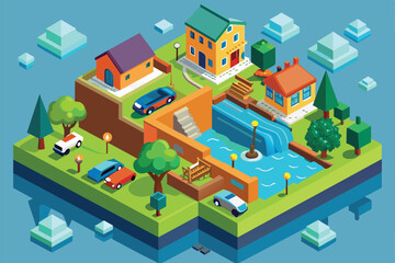 This illustration depicts a colorful neighborhood impacted by flooding, featuring houses, cars, and a stream Flood Customizable Isometric Illustration