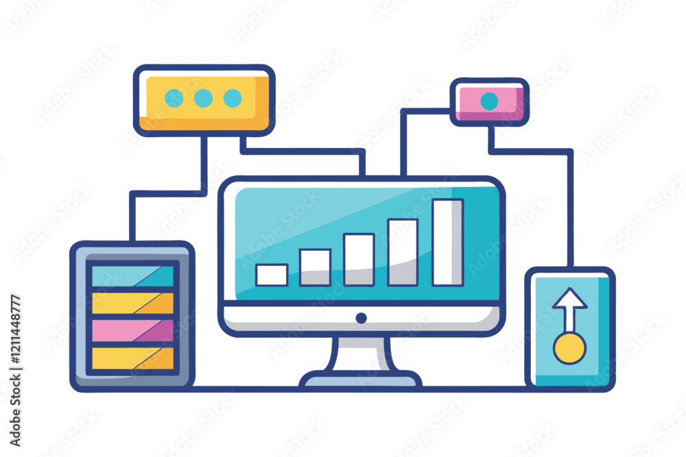 Aufkleber a colorful flowchart showing a computer and graphical data trends, illustrating information connecti