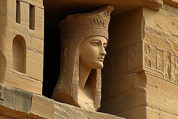 Majestic carved head of Nefertari at the Abu Simbel temple in Egypt, a testament to ancient artistry.